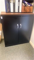 Metal two doored cabinet  with wooden top, 36 x