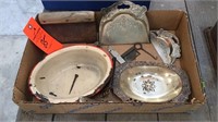 Vintage crumb tray pans, enamel pan , shoe hook