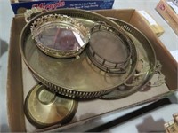 BOX OF BRASS SERVING TRAYS & PLATEAU MIRROR TRAY