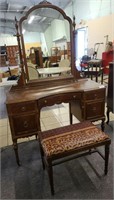 Antique dressing table, mirror, and stool, 48" w