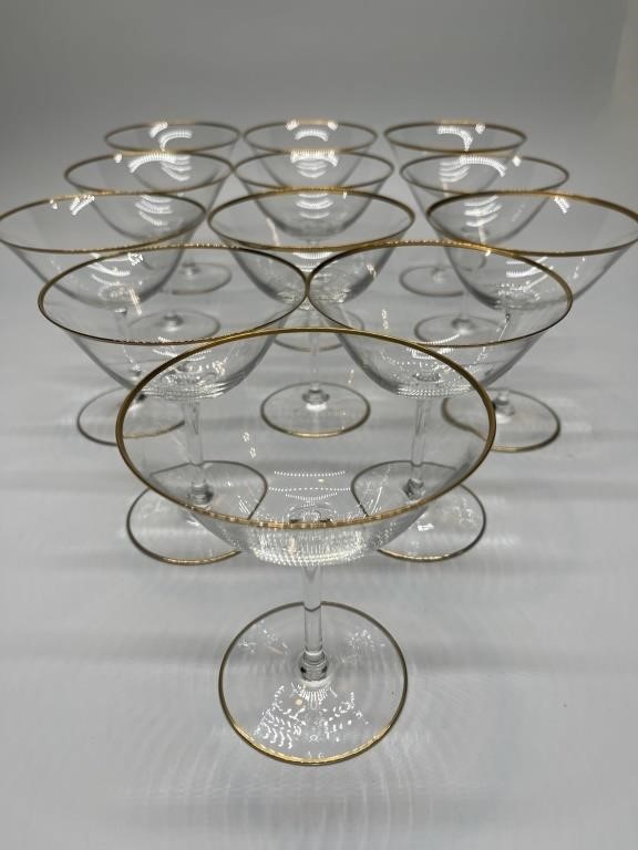 (12) Vintage Gold-Rim Fine Crystal Champagne Stems