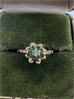 14K YG Genuine Diamond & Emerald Ring Sz 4 1/2