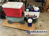 MISC. COOLERS, WATER BOTTLES, AND WOODEN WHEELED C