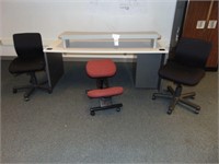 desk, 3 chairs,