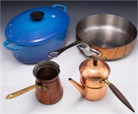 Lot: Copper Cookware (3) & Le Creuset Dutch Oven.