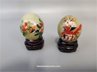 2- Jade Intricate Hand Painted Bird Scene Eggs & S