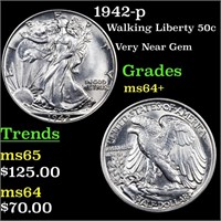 1942-p Walking Liberty 50c Grades Choice+ Unc