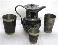 Pewter Pitcher & 3 glasses