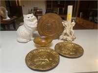 3-Metal Trays, Ceramic Cat, Carnival Glass Bowl