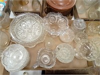 Assorted Pressed Glass Dishes, Candle Holders,