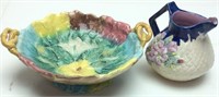 MAJOLICA FOOTED BOWL & ENGLISH ROSE PITCHER