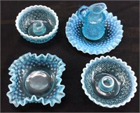 5 PIECE FENTON BLUE OPALESCENT GLASS