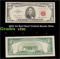 1963 $5 Red Seal United States Note Grades vf++