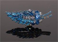 Vintage BLUE RHINESTONE Leaf Brooch