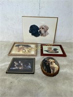 5 (3 ARE FRAMED 1 ON WOOD)  DOG PRINTS