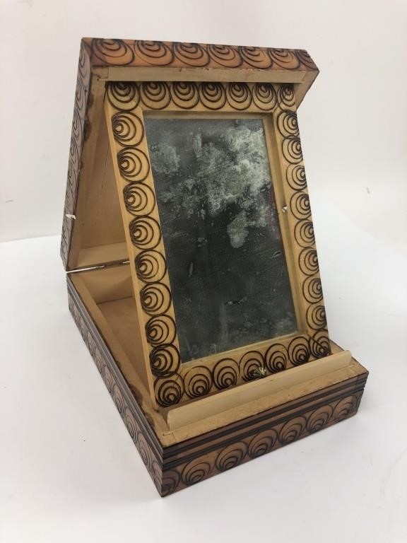 Vintage Carved Wood Jewelry Box w Folding Mirror