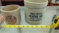 2 vintage crocks- Red Wing Salad Dressing jar &
