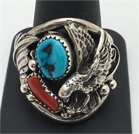 Navajo Running Bear Turquoise & Coral Ring