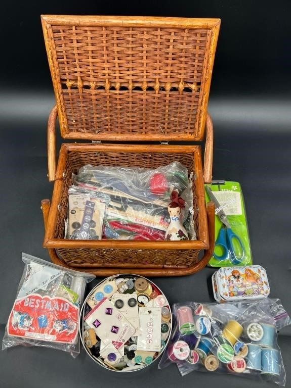 Vintage Sewing Basket Filled w Buttons, Needles+