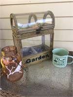 greenhouse box, enamelware, glass lantern
