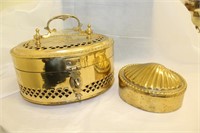Brass box w/ handle & lock & shell top brass box