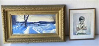 2pc Framed Artwork: Child With Birds, Winterscape