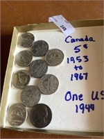 Canadian five cent 1953 to 1967 one US 1944