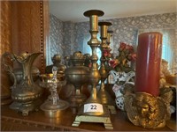 Items on Fireplace Mantel - brass candle holders,