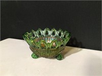 Northwood Green Carnival Glass 3 Footed Bowl