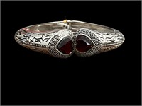 Sterling Silver Double Ruby Heart Cut Bangle