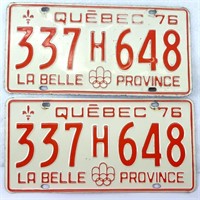 2 plaques d'immatriculation identiques QUÉBEC 1976