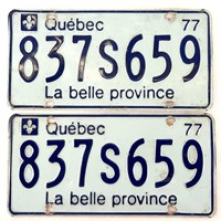 2 plaques d'immatriculation identiques QUÉBEC 1977