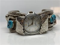 LARGE STERLING SILVER TURQUISE CUFF BRACELET WATCH