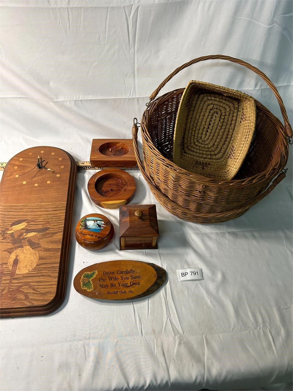 Lot of VTG Mid Century Wooden Items Clock Baskets
