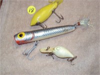3 Vintage Fishing Lures - 5", Wood +
