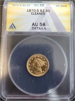 1870 S $2.5 GOLD GRADED AU 58 CLEANED BY ANACS
