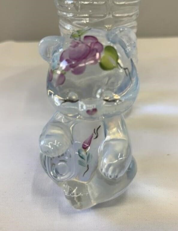 Fenton Clear White Opalescent Glass Bear w/Hand