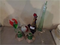 Glass chicken figurines, candle holders, misc
