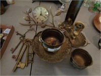Battery clock, candle holders, brass cups, keys