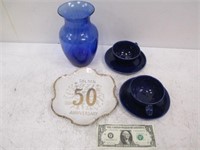 Vintage Blue Optic Glass Vase, Blue Cups &