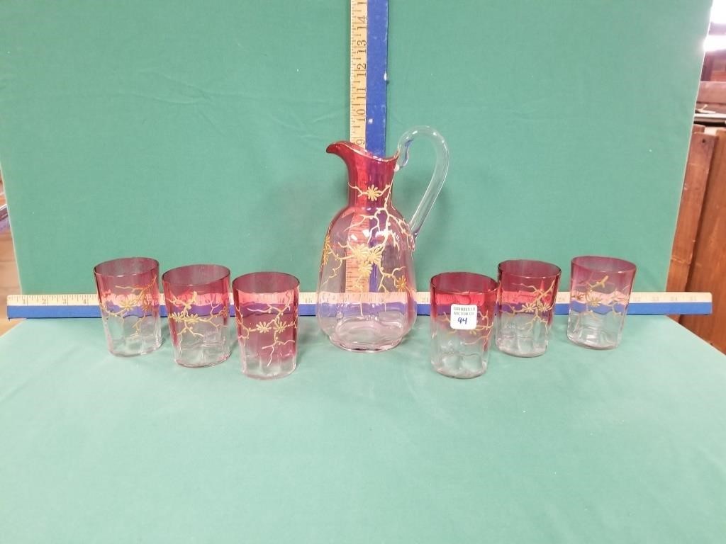 FANCY WATER SET W/ GOLD OVERLAY & 6 GLASSES