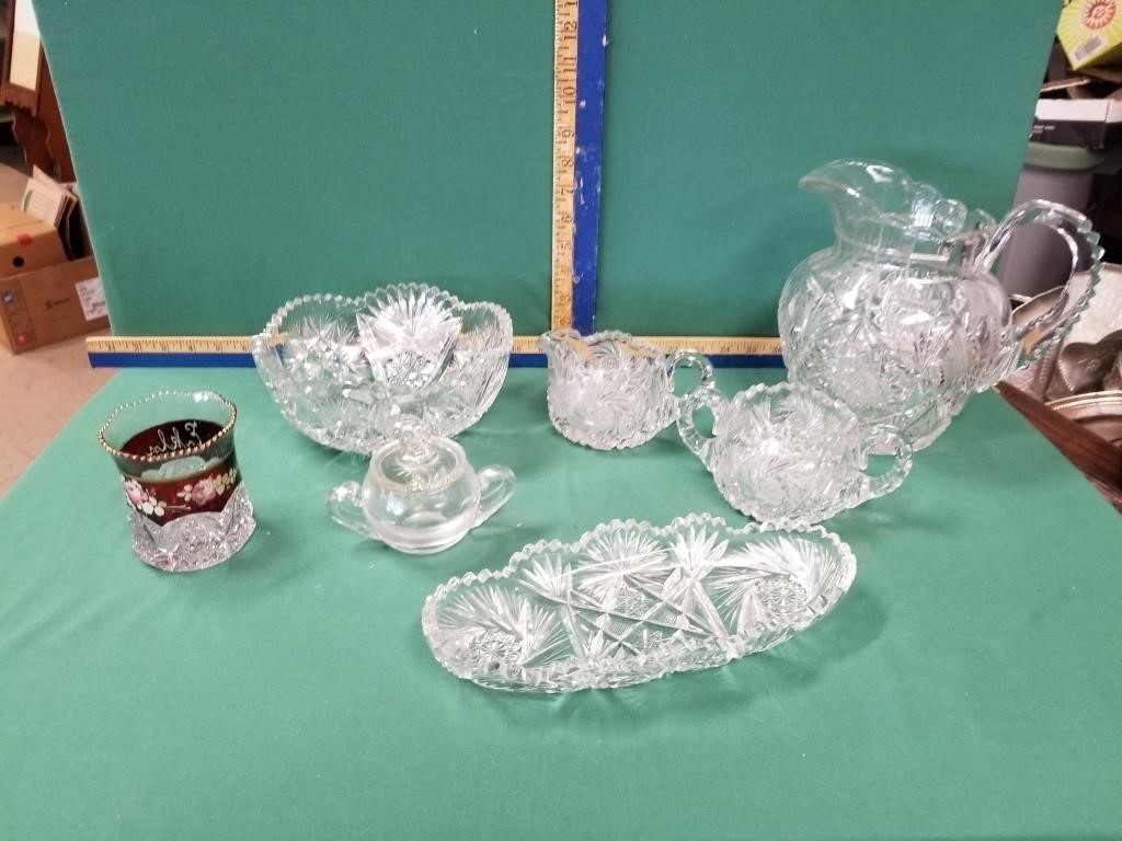 CUT LEADED GLASS BOWLS, PITCHER, AND MISC