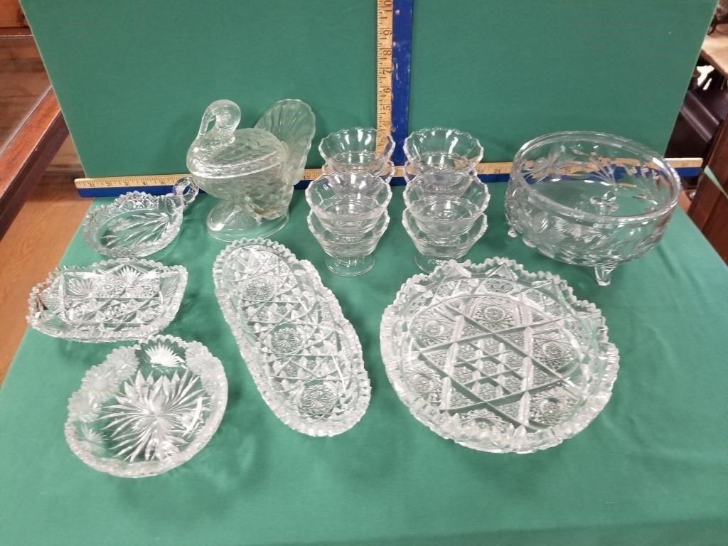 LEADED GLASS SERVING DISHES & TURKEY CANDLE HOLDER