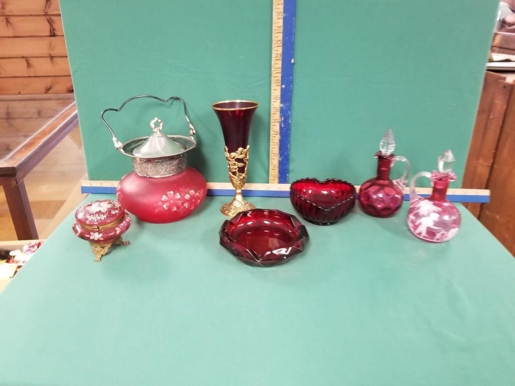 CRANBERRY GLASS BISCUIT JAR, CRUETS, JEWELRY BOX &