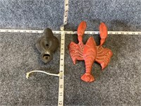 Metal Lobster Plaque and Old Metal Oil Lamp