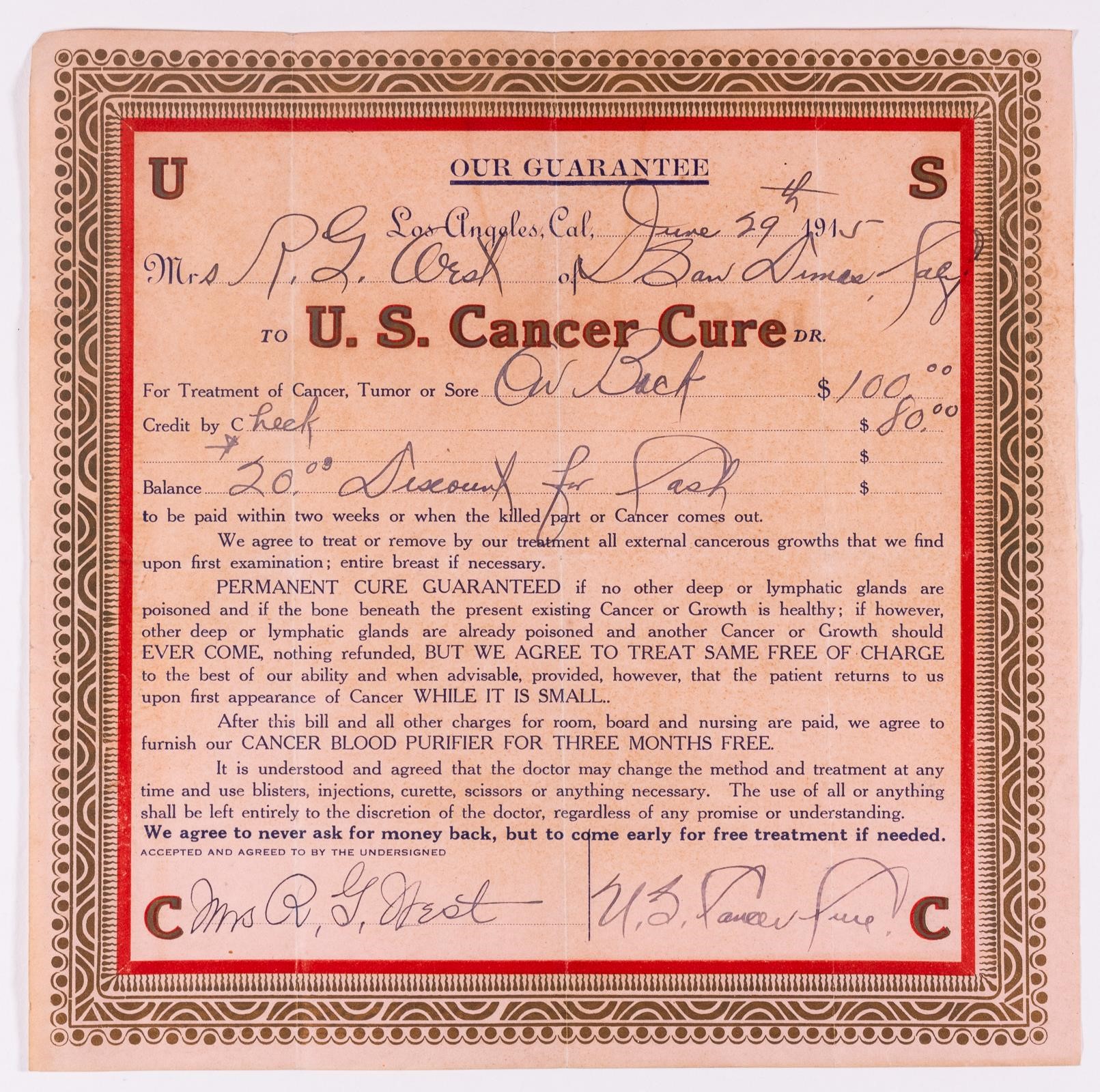SCARCE US CANCER CURE CERTIFICATE