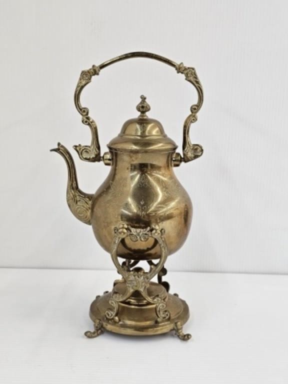 BRASS TEAPOT ON STAND - 13" TALL X 5.5" DIAMETER