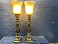 PAIR OF TALL CATHEDRAL DECORATOR LAMPS WITH GLASS