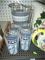 Vtg. Greecian Theme Pitcher & 4 Glasses