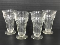 Set of 4 floral etched footed milkshake glasses